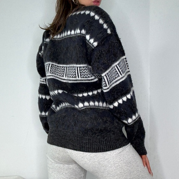 Vintage Grey & White Wool Button Down Wool Cardigan Sweater - Picture 2 of 7